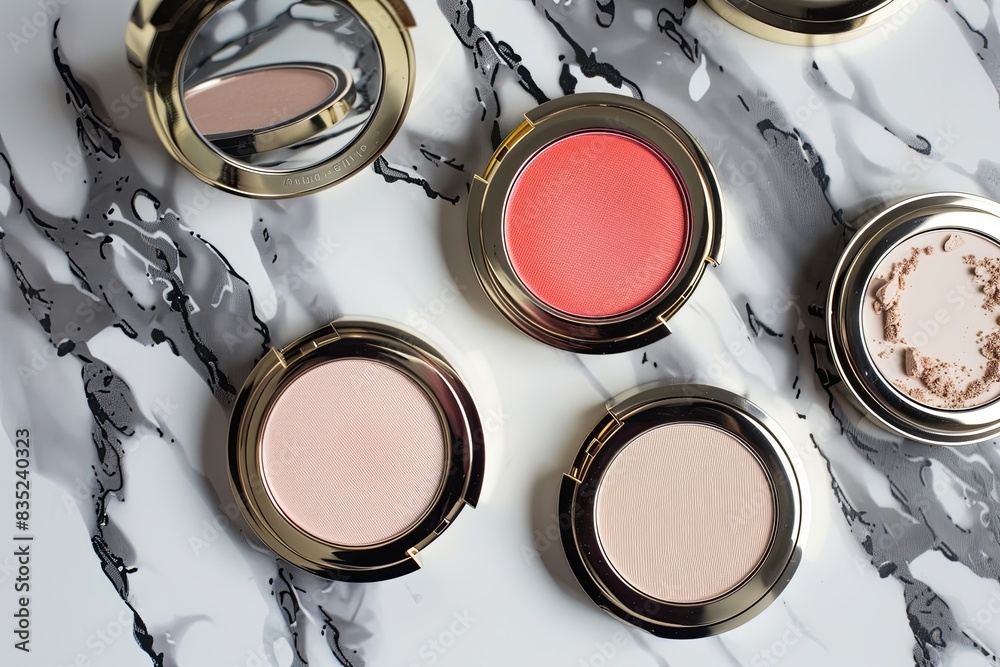 Poster Close-up of compact cases containing powder and blush arranged on a marble surface. Generative AI