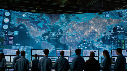 Obraz premium a high-tech cybersecurity operations center, buzzing with intense activity and a sense of urgency. The scene showcases a room filled with rows of computer monitors, displaying intricate network 