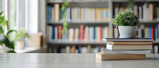  White table with books and stationery in blurred study room 