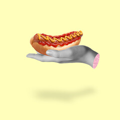 Woman holding hot dog in hand on color background. Creative art design