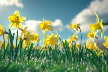 A bright and cheerful image of a field of yellow flowers set against a clear blue sky