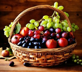 A beautiful basket inside
Grapes, dates, olives, beautiful pomegranates, figs, wheat and barley