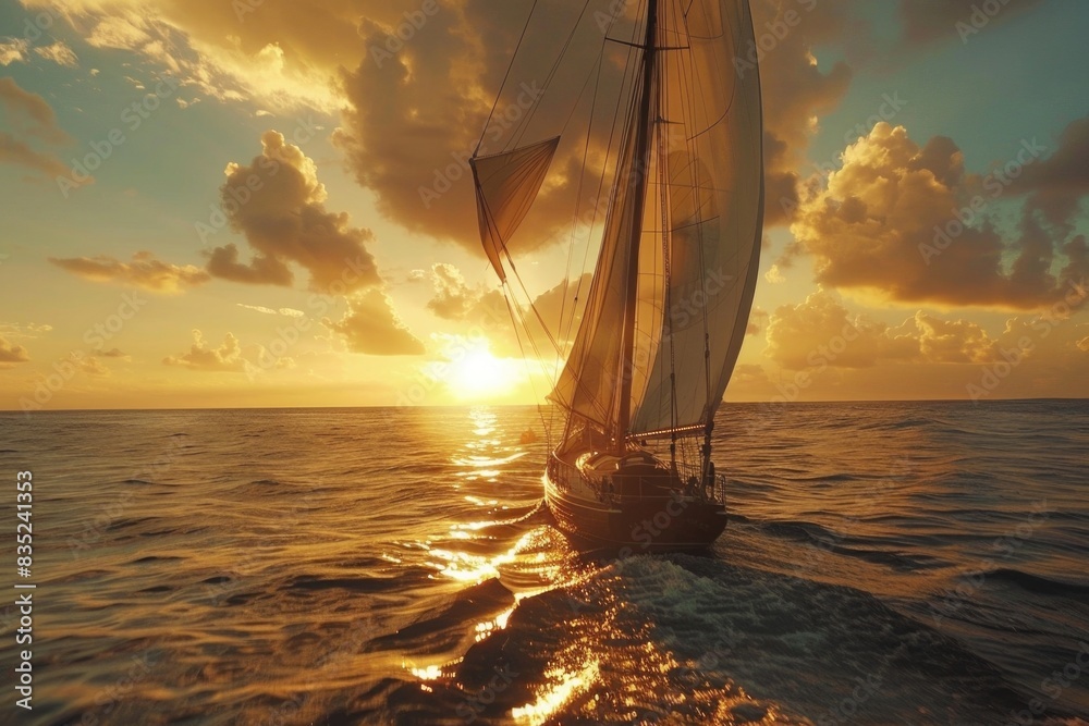 Poster a sailboat glides across the ocean as the sun sets in the distance, creating a warm and inviting atm