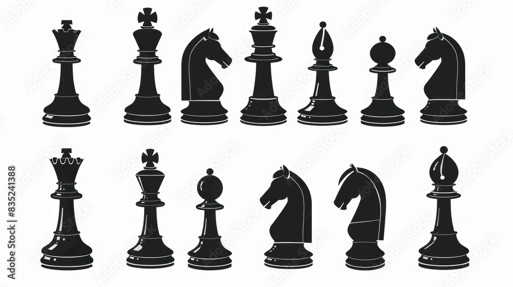 Poster a collection of chess pieces arranged on a white background, ideal for use in educational or instruc