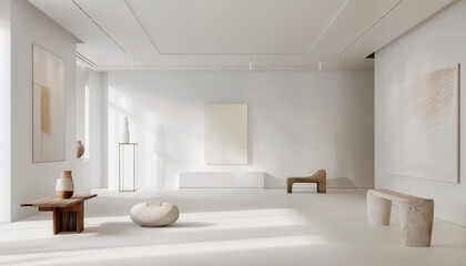 A serene, minimalist gallery with clean, white walls and simple, abstract art pieces, creating a tranquil and sophisticated environment.