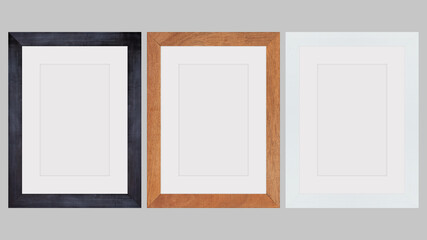 Set of white, black, brown wood frame or picture frame isolated on white background. Object with...