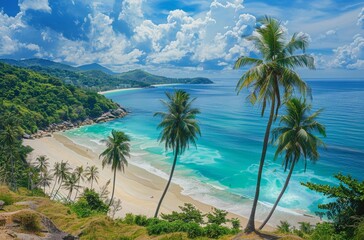 Tropical beach during summertime, featuring tall palm trees overlooking turquoise waters and a sandy shore. The lush green hills and vibrant blue sky with clouds create a serene coastal landscape.