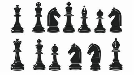 A collection of chess pieces arranged on a white background, ideal for use in educational or instructional materials