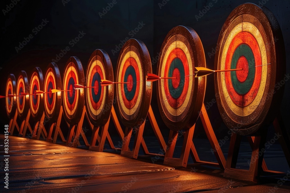 Poster row of archery targets with arrows in mid-shot