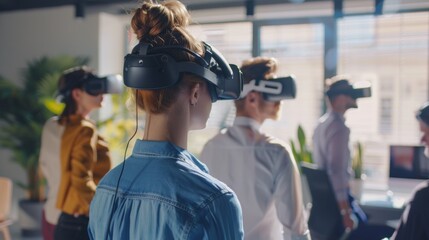 A team of professionals in a modern office setting, using virtual reality headsets for a collaborative and immersive experience.