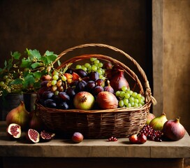 apples and grapes, basket of
Grapes, dates, olives, beautiful pomegranates, figs, wheat and barley
