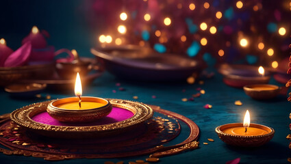 A mesmerizing diwali background design with diya lamp and colorful patterns