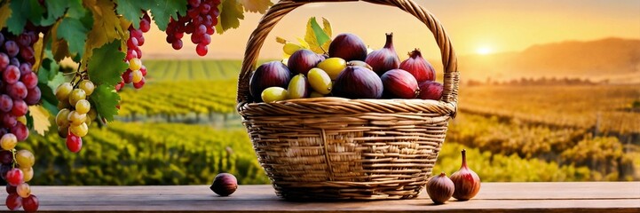 still life with vegetables and fruits, A beautiful basket inside
Grapes, dates, olives, beautiful pomegranates, figs, wheat and barley