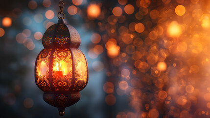 Traditional Red Lantern Illuminated with Intricate Designs Against Bokeh Background