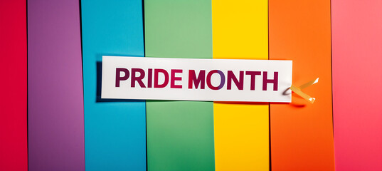 Pride month banner with silhouettes of diverse people LGBTQ+ pride month with celebratory symbols and part, rainbow colors and the text "HAPPY PRIDE MONTH", on a plain colored background Generative AI