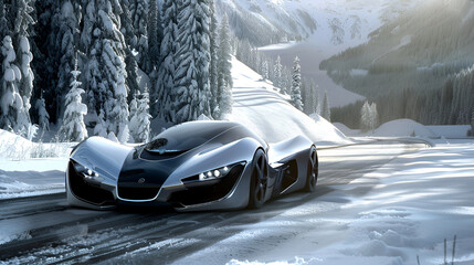Exclusive Expensive sports car against the backdrop of an amazingly beautiful winter forest landscape