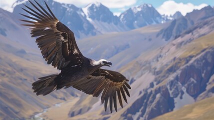 A large bird soars through the air as it flies over a mountain range, with rugged peaks and valleys below