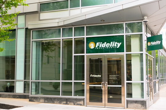 Cambridge, USA - 29 May 2024. General view of Fidelity investments office building entrance with logo in Cambridge