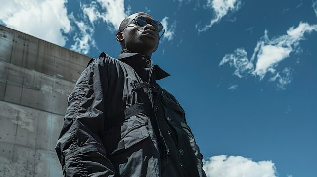 retrato de um lindo homem modelo de &acirc;ngulo de baixo para cima: &acirc;ngulo contra plong&eacute;e