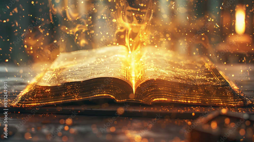 Poster An open book with glowing pages and sparkling lights on a bokeh background, embodying a concept of magic or knowledge. Generative AI