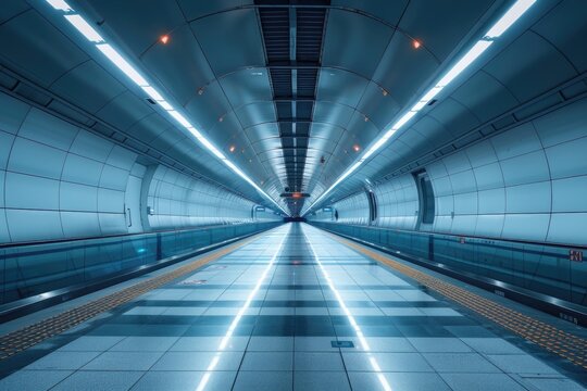 A long empty platform in a busy subway station