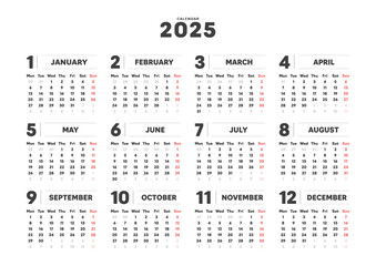 2025年のシンプルなデザインの年間カレンダー - 月曜始まり･12ヶ月･1年分の暦 - A判比率