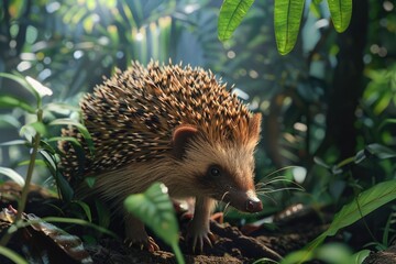 Fototapeta premium A small hedgehog walks through the forest floor, surrounded by tall trees and dense foliage