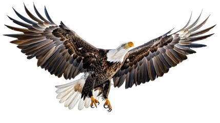 Obraz premium A bald eagle soaring through the sky with its wings open, showing its majestic beauty