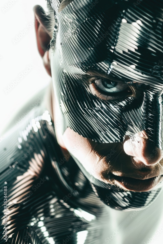 Poster a close-up shot of a person wearing a black mask, perfect for use in scenes where identity is hidden