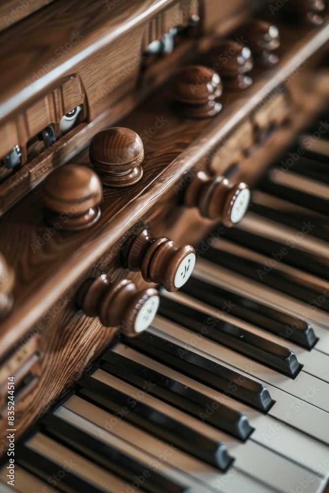 Poster Close-up shot of wooden organ keyboard with intricate carvings and details