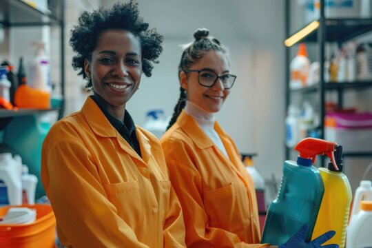 Two women in orange uniforms holding a bag of cleaning supplies, ideal for office or commercial use