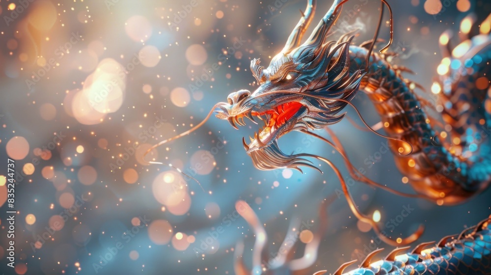 Poster close-up shot of a dragon statue with soft lighting in the background