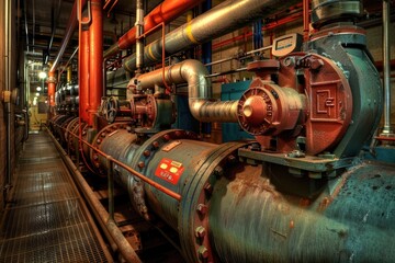 Industrial equipment room with various pipes and valves