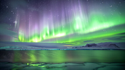 A stunning aurora australis over a serene Antarctic landscape, with vivid green and purple lights.