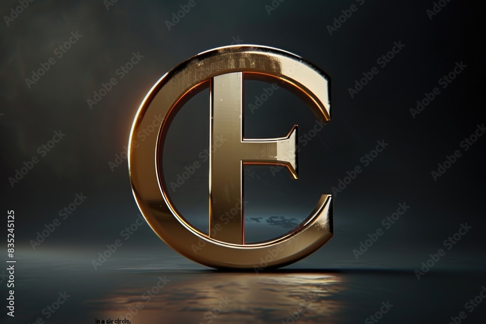 Poster a close-up image of a golden letter 'e' on a shiny surface, perfect for highlighting or emphasizing 