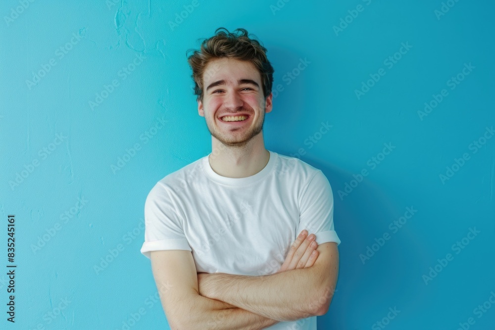 Wall mural A young man with his arms crossed, standing in front of a blue wall