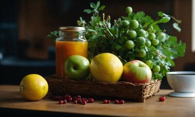 still life with apple juice and fruits, 8k still life photograph, looking at the camera, Highly Detailed, Vibrant, Production Cinematic, 8k, film grain, 70mm