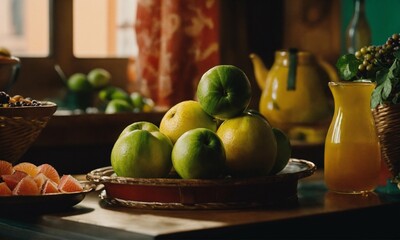 still life with fruits and vegetables, 8k still life photograph, looking at the camera, Highly Detailed, Vibrant, Production Cinematic, 8k, film grain, 70mm, Portra 800