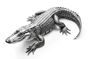 Naklejka premium A large metal alligator sits atop a white surface