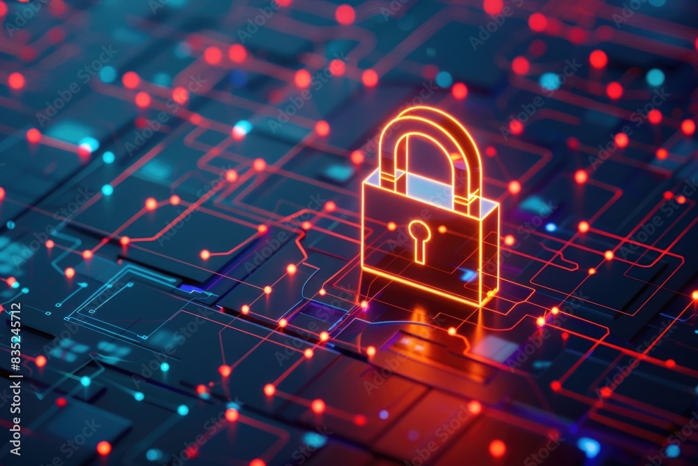 Poster a circuit lock with red and blue led lights, used for security or display purposes