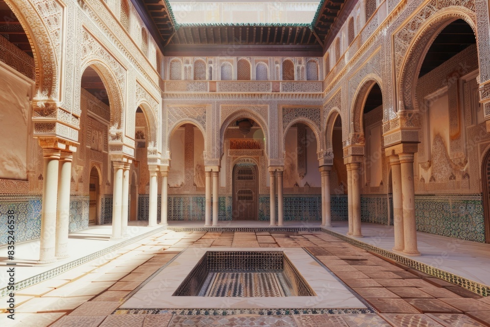 Aufkleber A tranquil courtyard with a pool and columns, suitable for use as a background or design element