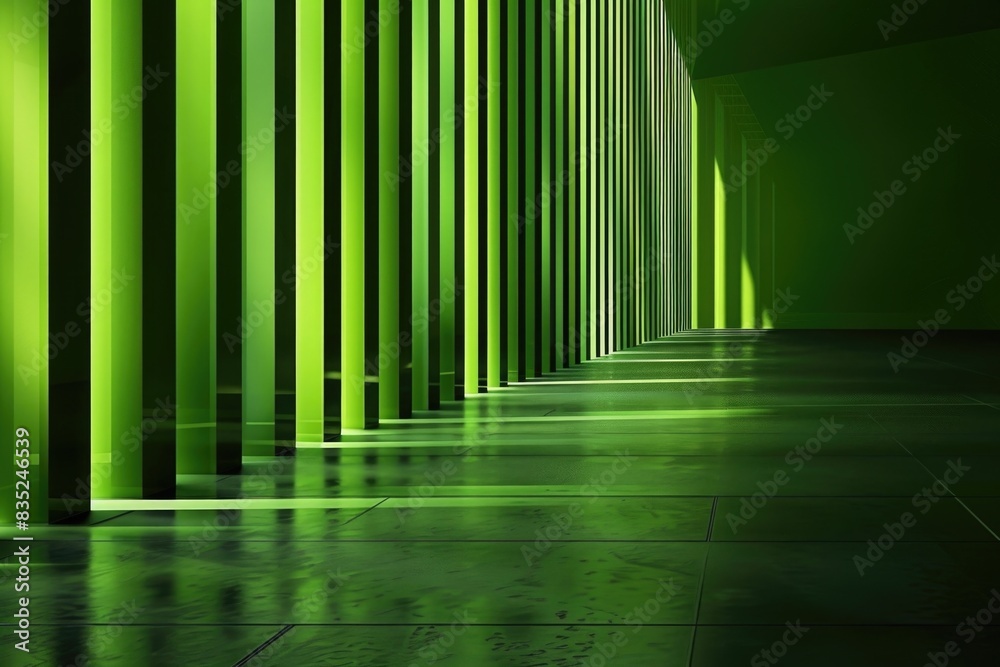 Poster a hallway featuring green columns and a tiled floor