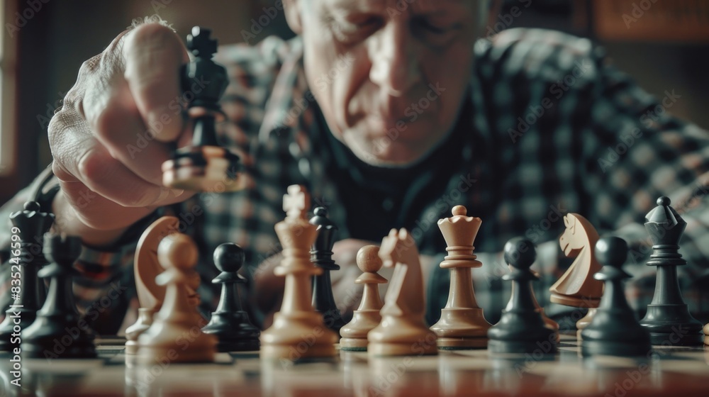 Poster a person sitting at a chessboard with pieces in play, advising for use in articles about games, hobb