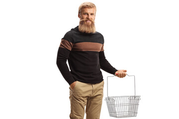 Bearded man with moustache carrying an empty shopping basket