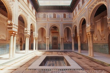 Obraz premium A tranquil courtyard with a pool and columns, suitable for use as a background or design element