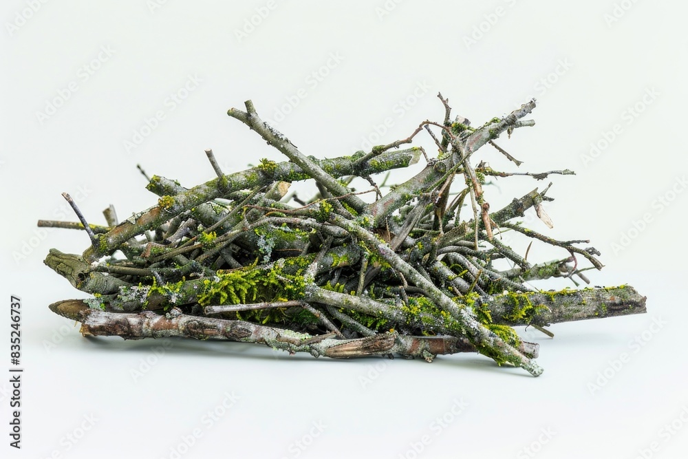 Poster a bundle of twigs and moss arranged on a white surface, suitable for use in designs related to natur
