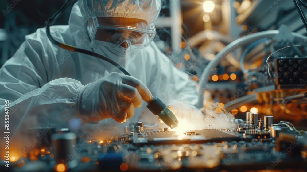 Poster A person wearing a lab coat works on assembling and testing electronic components