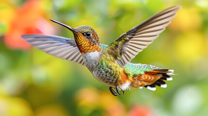 Fototapeta premium A detailed close-up of a hummingbird in flight, showcasing its delicate wings and bright colors, isolated on a white background in 4K quality