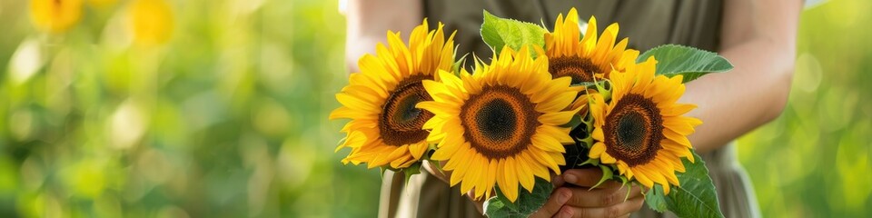 Fototapeta premium Vibrant and cheerful, a woman hands cradle a bountiful bouquet of sunflowers