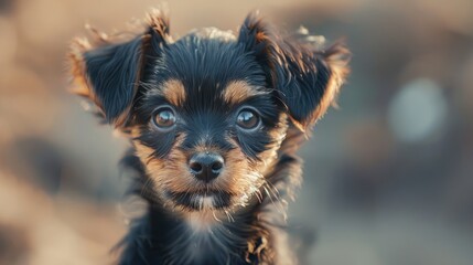 Close up portrait of an adorable little puppy gazing at the camera with space for text